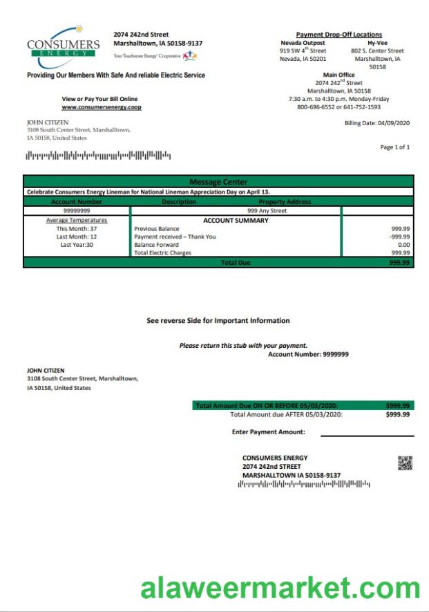 USA Iowa Consumers Energy utility bill template in Word and PDF format